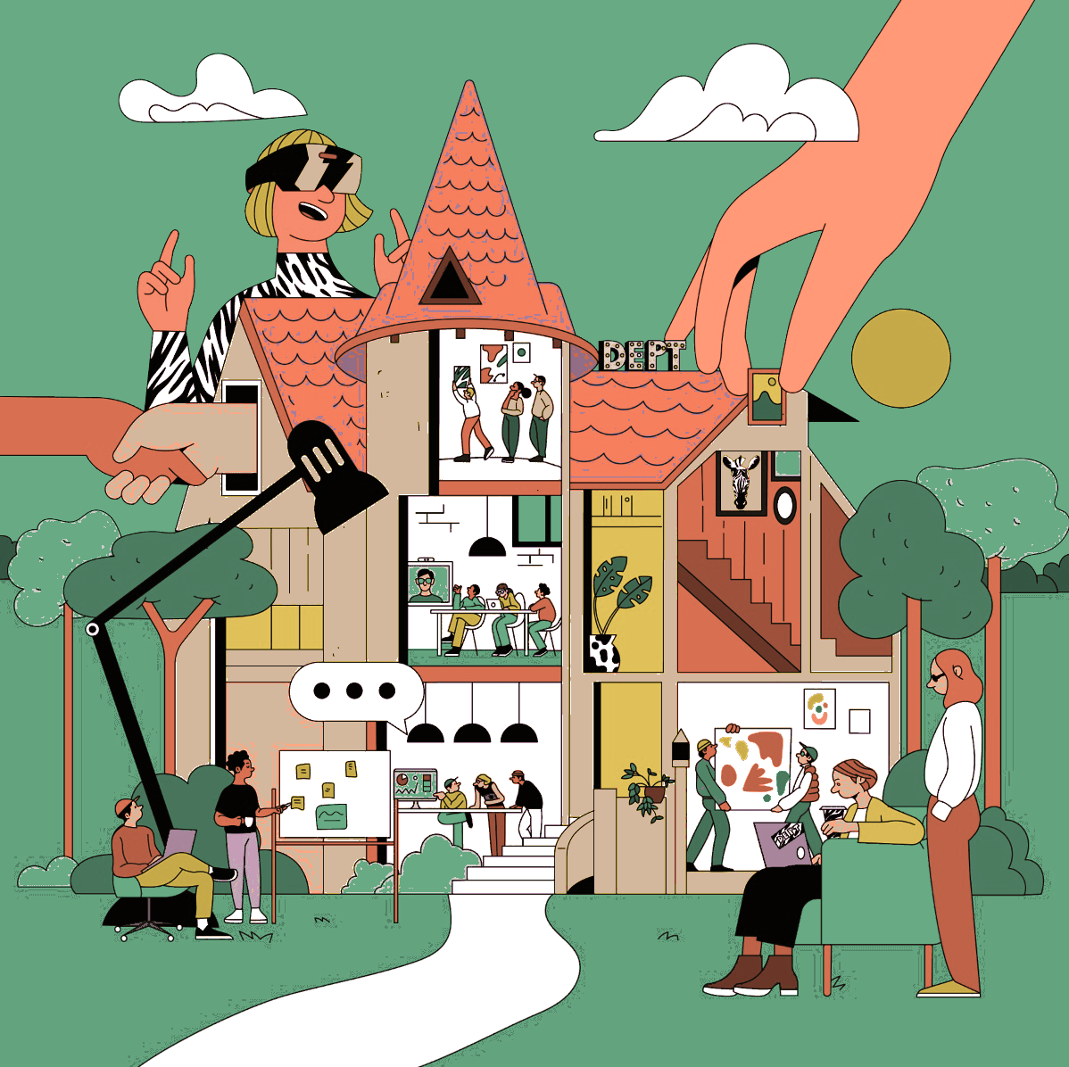 The QB BrandOS ecosystem — figures connected through a shared brand profile